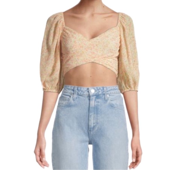 Lush Tops - Lush Crossover Floral Cottagecore Feminine Crop Top Puff Sleeve